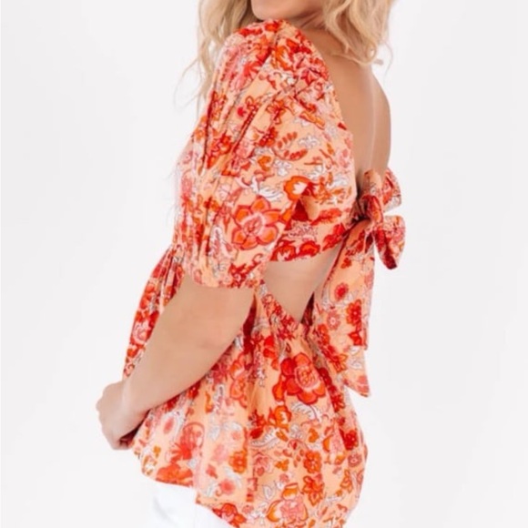 THML Floral Tie Back Peplum Blouse Small Puff Sleeve Open Back Top - Picture 2 of 8